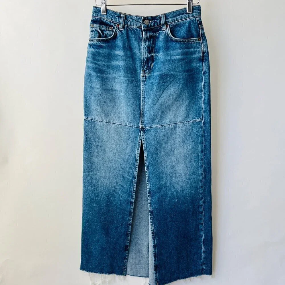 Reformation Tazz denim slit front maxi skirt, blue, Size 26 M65